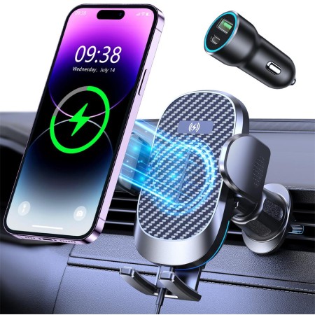 Uivaby Wireless Car Charger Mount, [Automatic Coil Alignment] 15W Fast Charging, Car Phone Holder Wireless Charging with Car Adapter, Air Vent Car Mount Compatible with iPhone 14 13 12 11 Pro Max, etc